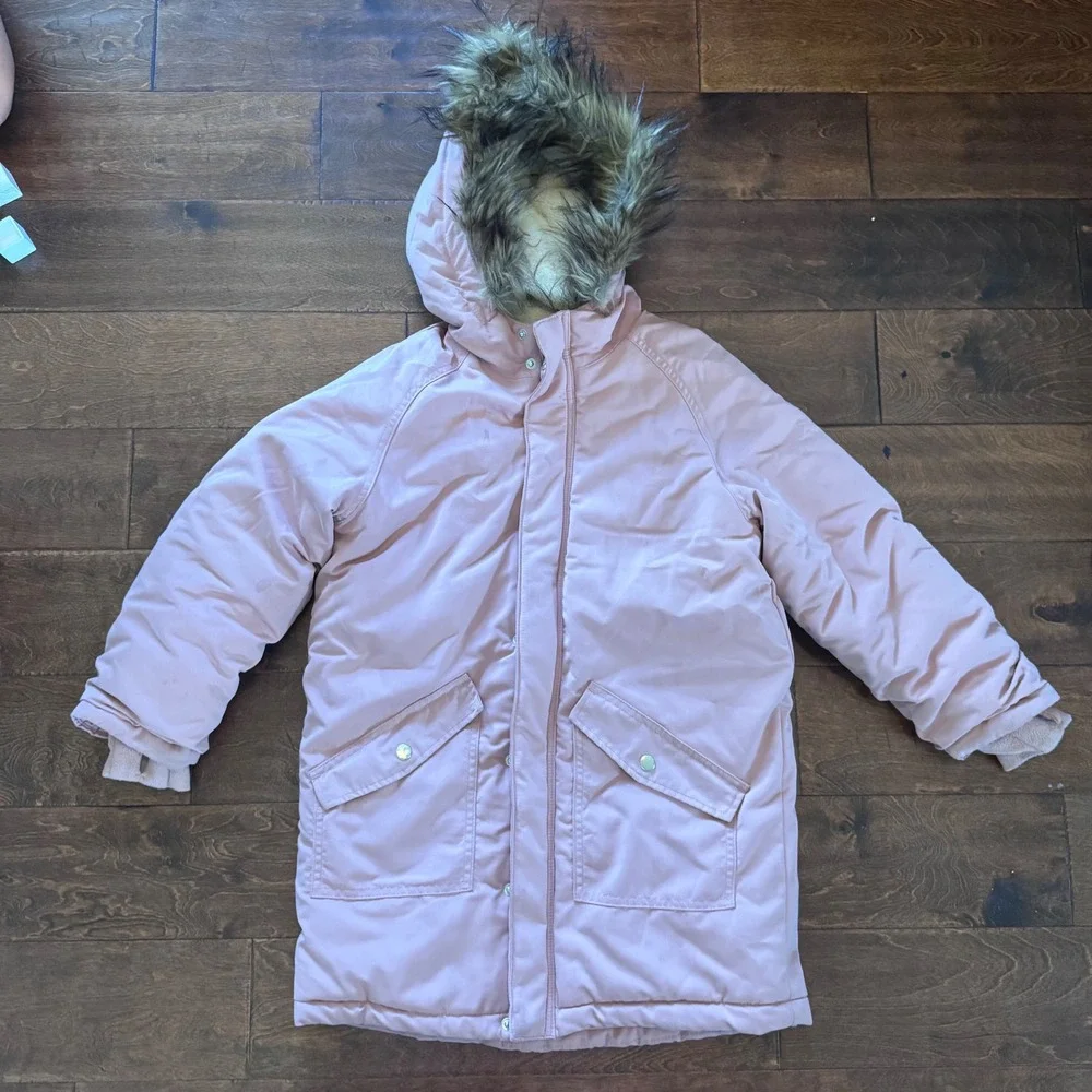 Cat & Jack Girls Pink Parka Jacket Faux Fur Hood Sherpa Lined Winter Coat Size 8